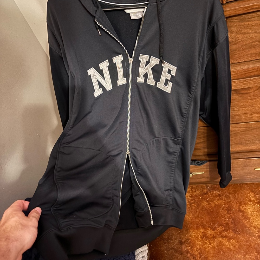 Nike Men’s Black Double Zipper Hoodie Jacket with White Logo
